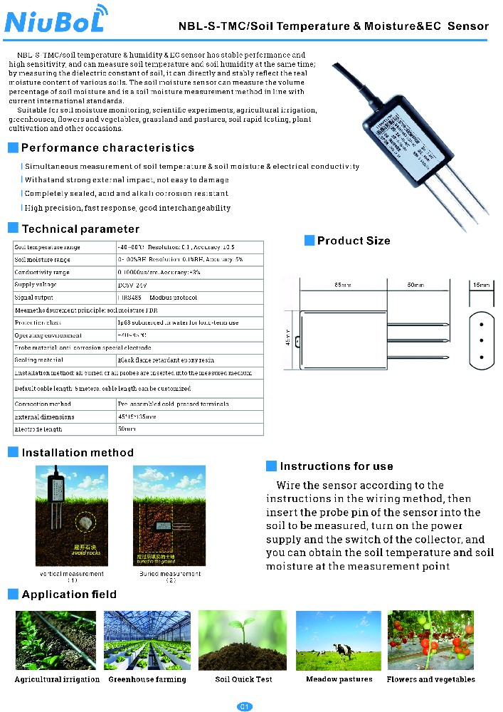Soil Temperature&Moisture&EC Sensor NiuBoL
