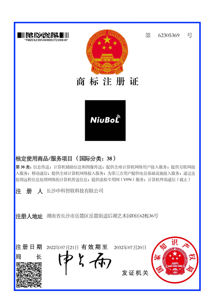 NiuBoL trademark certificate