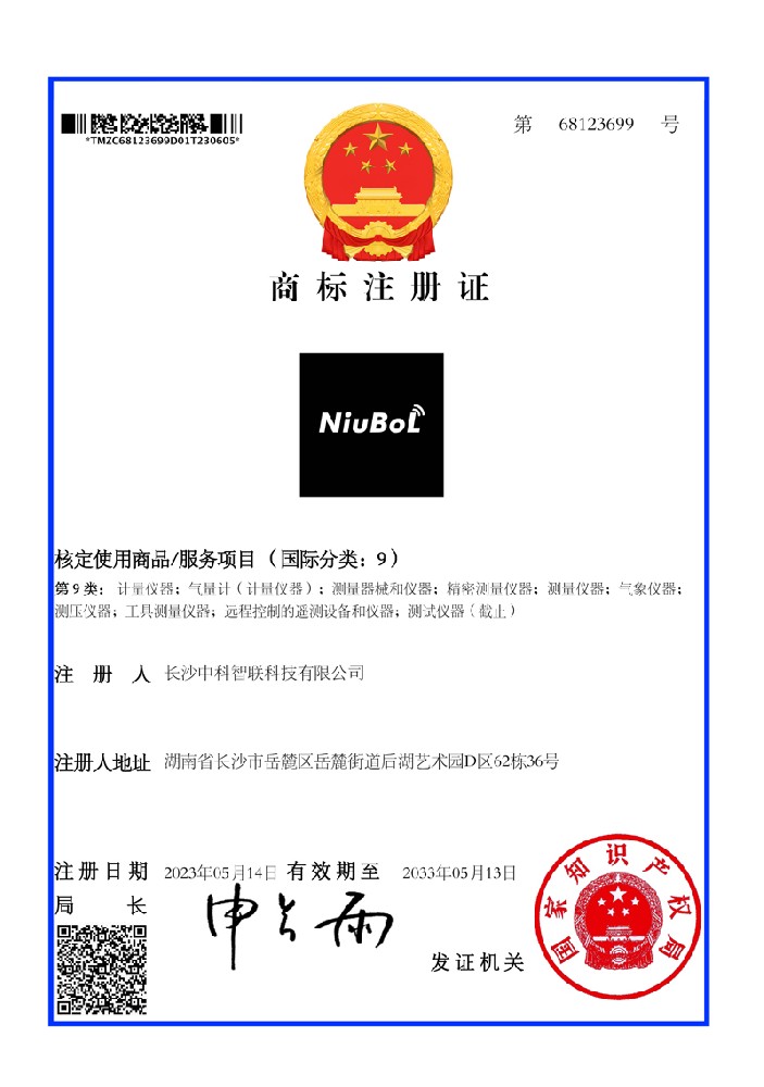 NiuBoL Class 9 trademark certificate