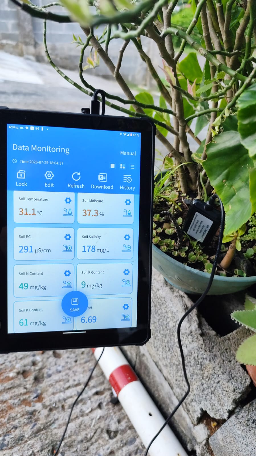 NiuBoL portable 8-in-1 soil tester displaying field readings on a tablet in Panama