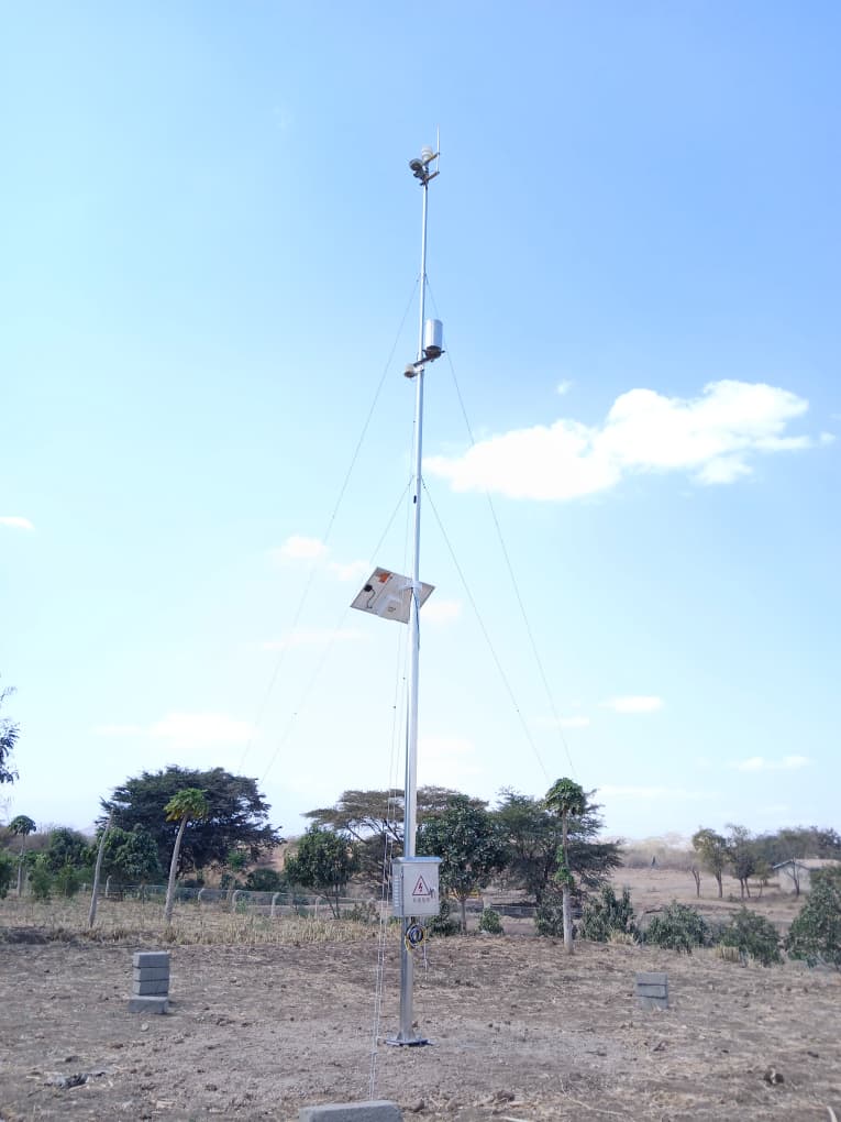 10-meter mast with NiuBoL weather sensors and solar power equipment in Tanzania