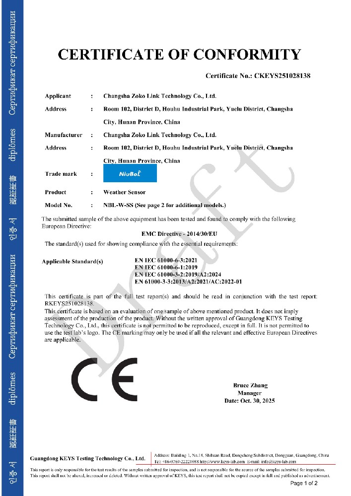 CE Certificate for Weather Sensor